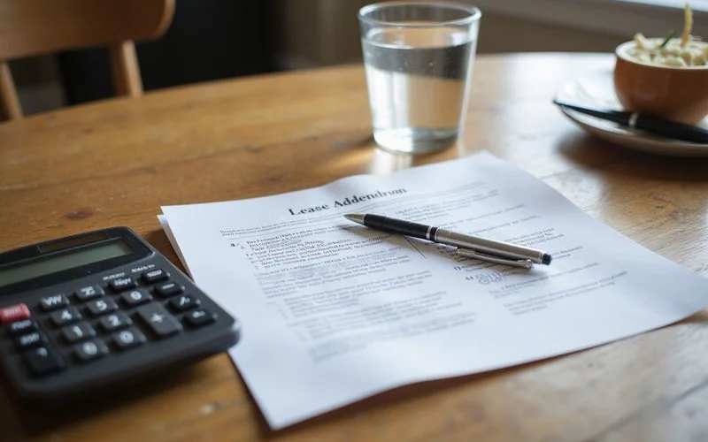 A lease addendum and calculator on a Dallas kitchen table