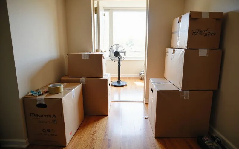Moving boxes in a Dallas apartment entry during a summer move
