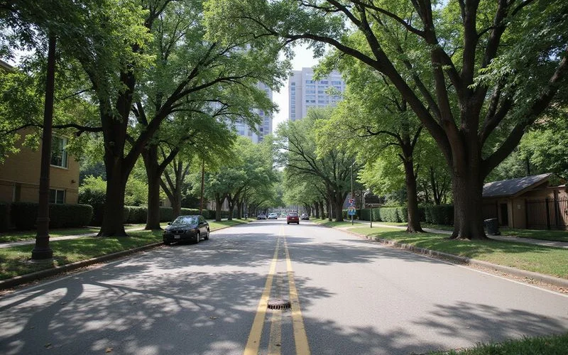 Street-level view of a Turtle Creek high-rise corridor in daylight