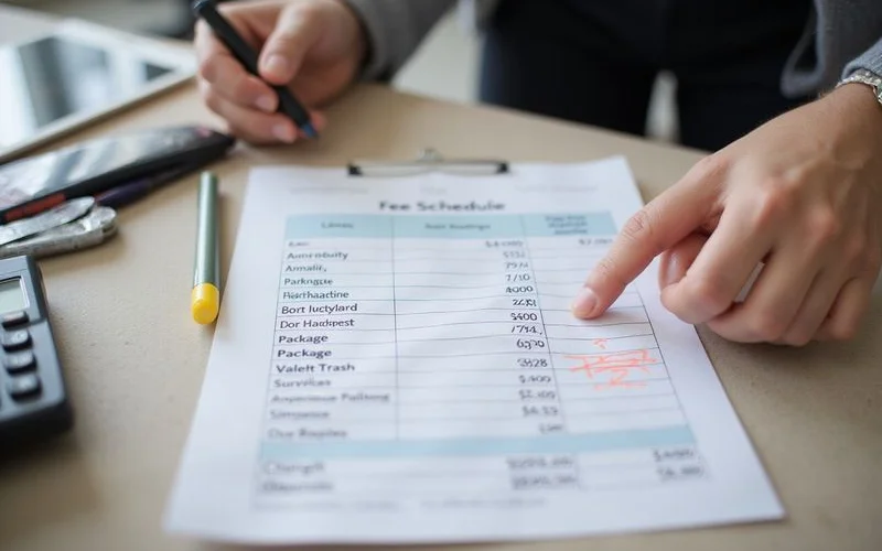 Fee stack breakdown: amenity, parking, package, valet trash, pet rent