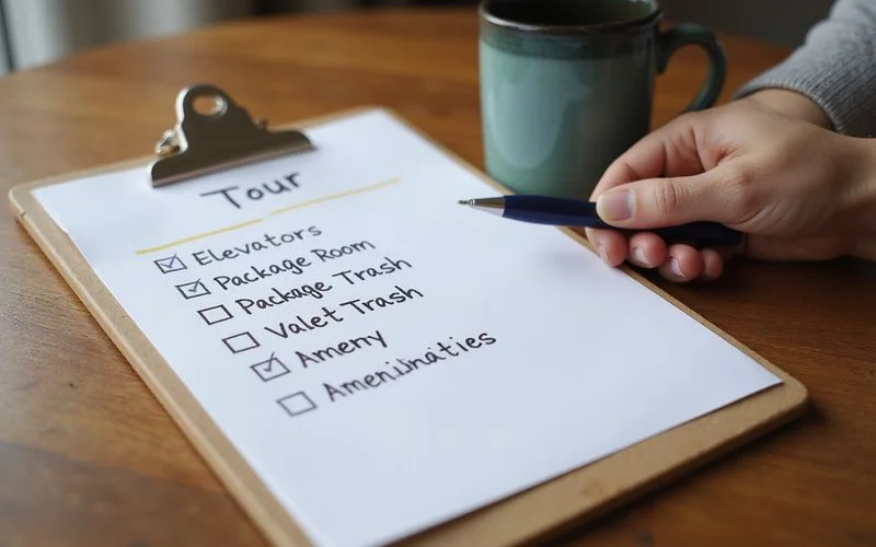 High-rise tour checklist: elevators, package room, parking, valet trash, amenities