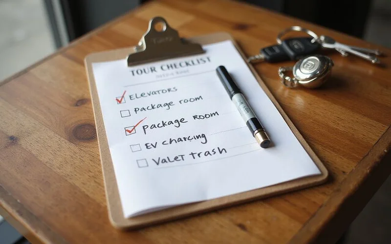 Tour checklist: elevators, package room, guest parking, EV charging, valet trash