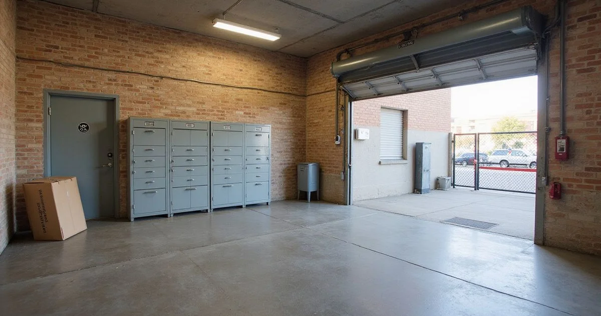 A Dallas apartment mailroom and parking garage entrance in daylight