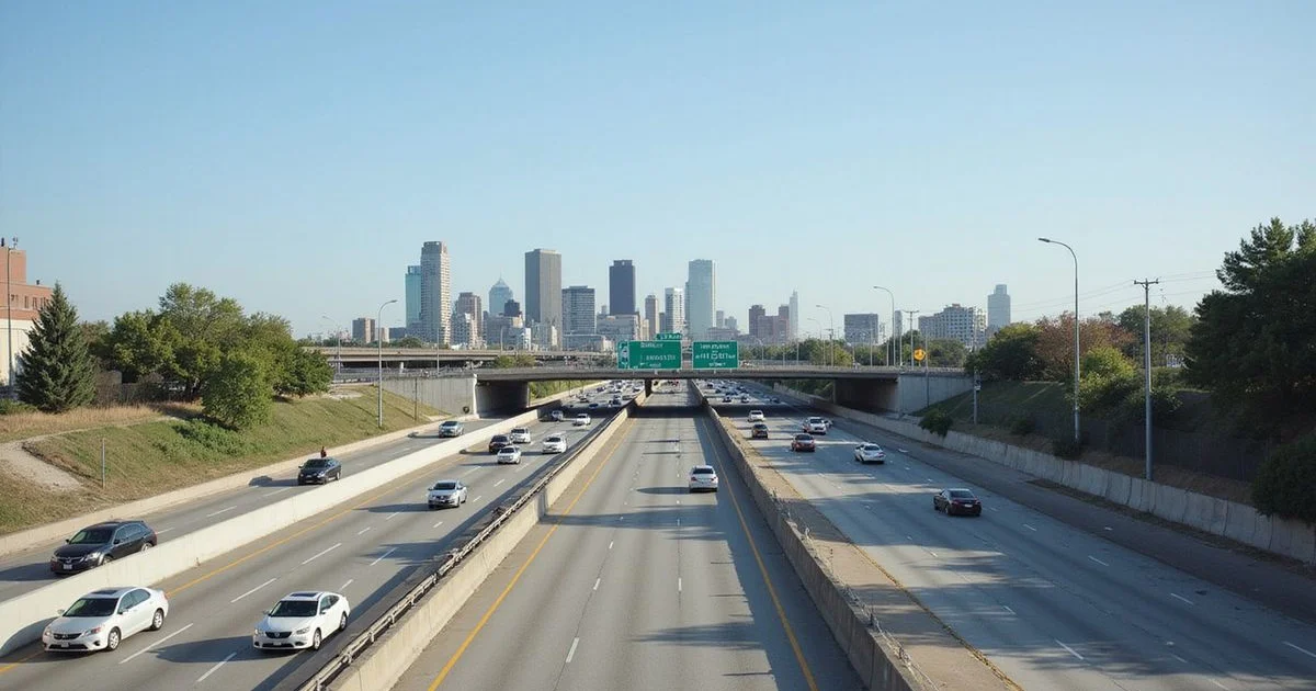 A Dallas freeway corridor and skyline photographed from street level in daylight