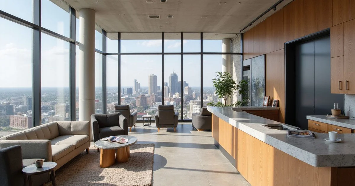A Dallas high-rise amenity floor and elevator lobby in natural daylight