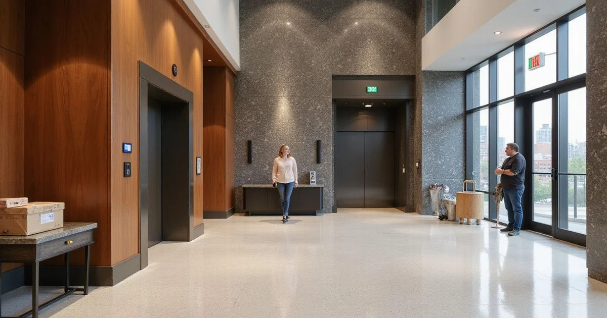 A Dallas high-rise lobby and elevator bank with floor-to-ceiling windows in daylight
