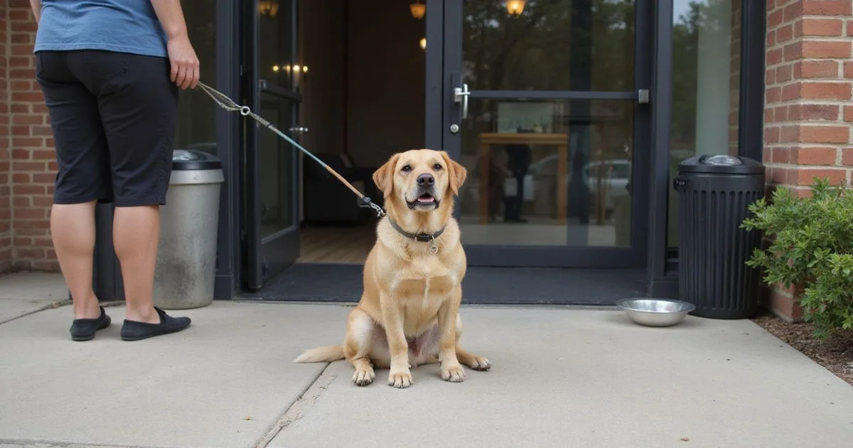 A dog on a leash outside a Dallas apartment building entrance in daylight