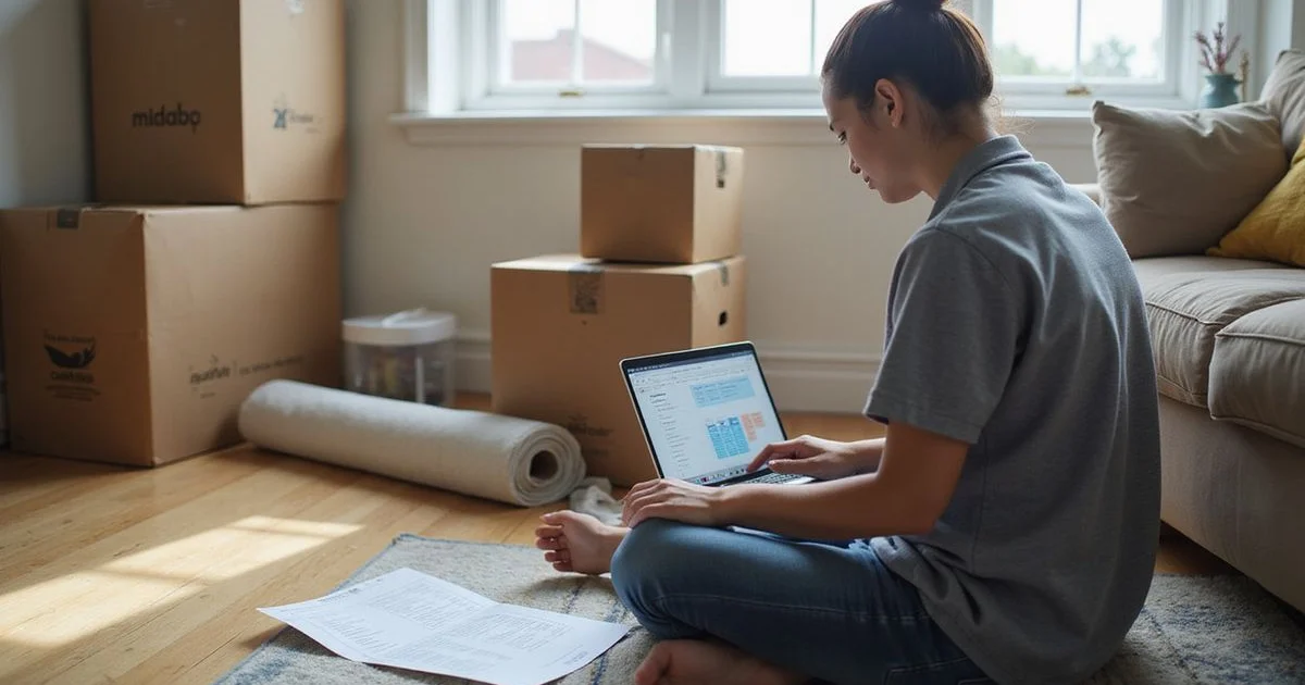 A person comparing electricity plans on a laptop in a partly unpacked apartment