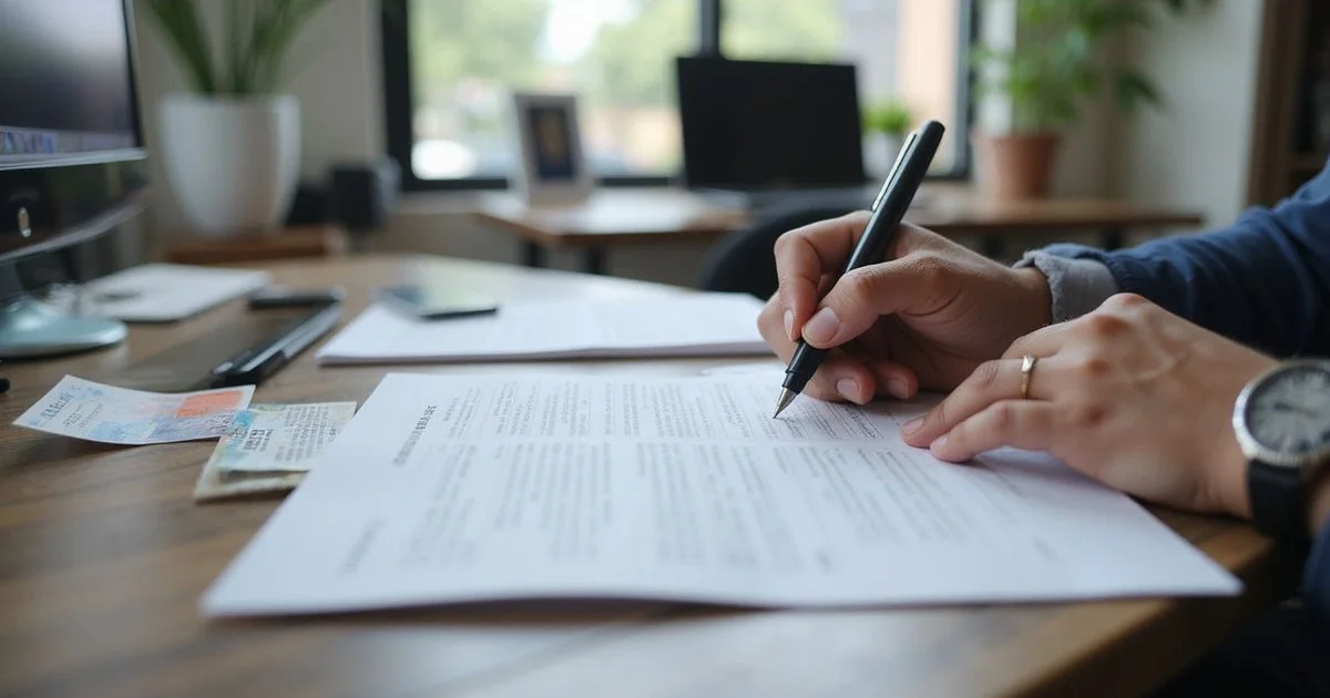 A person completing a rental application at a leasing office desk in daylight