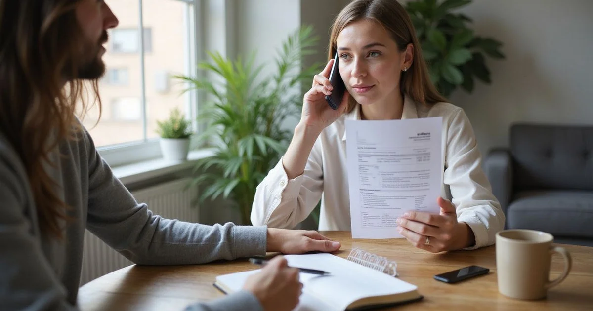 A person on the phone reviewing a balance statement at a table in daylight