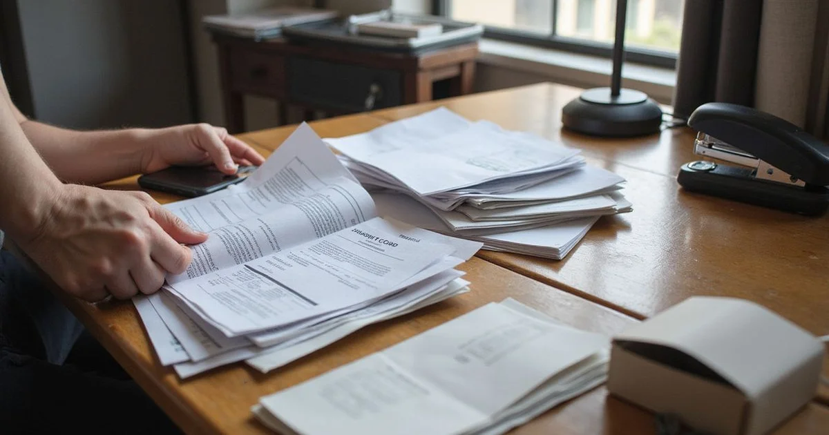 A person organizing documents at a desk in natural daylight