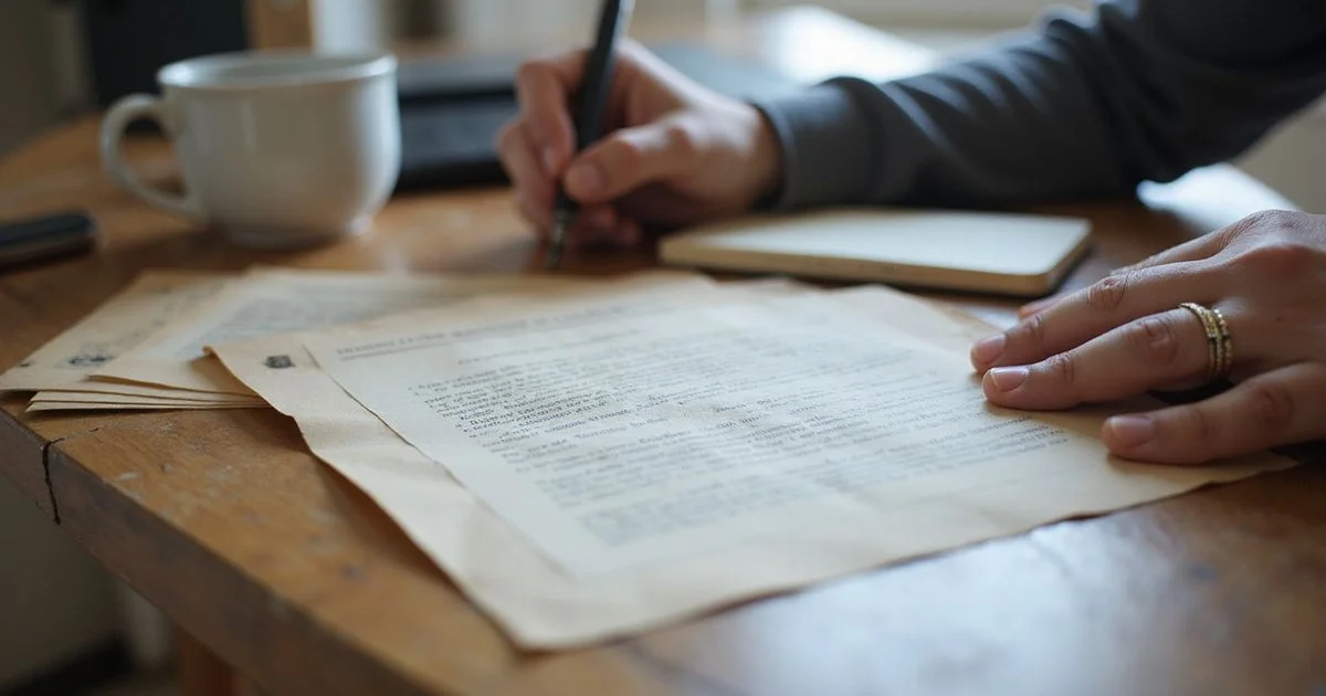 A person reviewing a prior lease document at a desk in daylight
