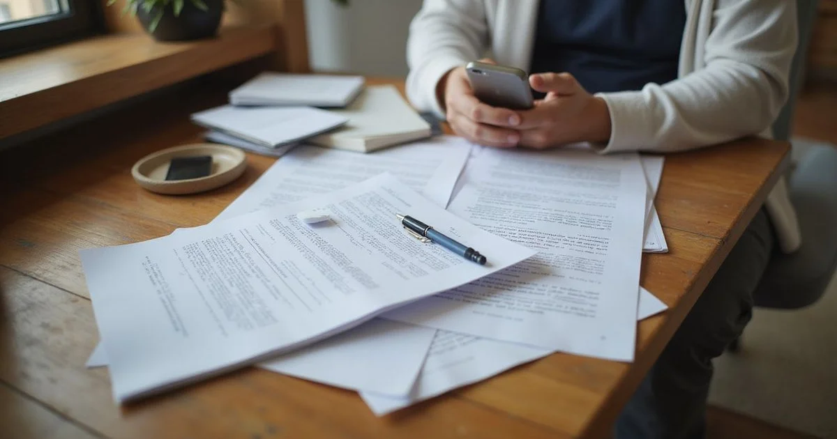 A person reviewing court paperwork at a desk in daylight