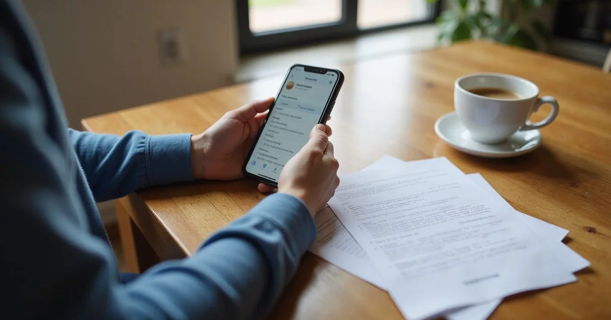A person entering details into a phone form at a Dallas kitchen table in daylight