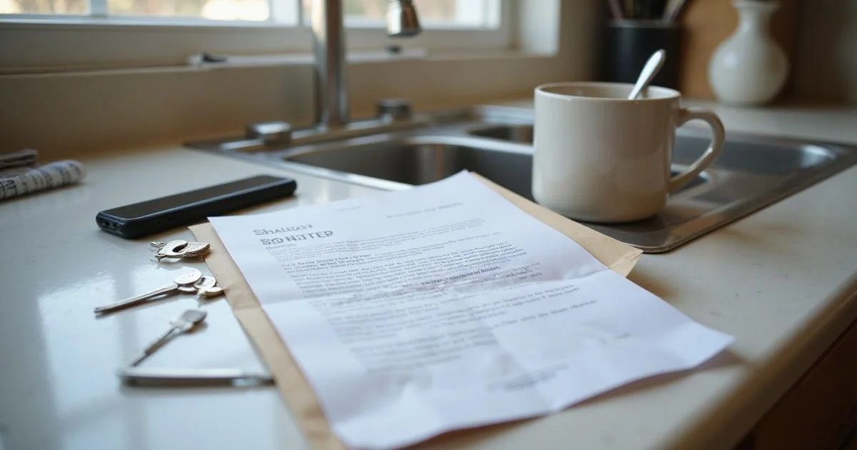 A lease renewal notice on a Dallas kitchen counter in daylight