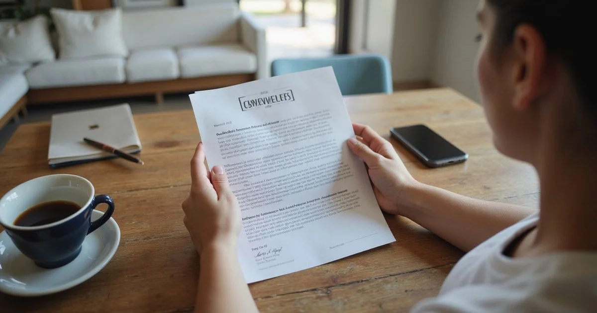 A renter reading a renewal offer at a kitchen table in daylight