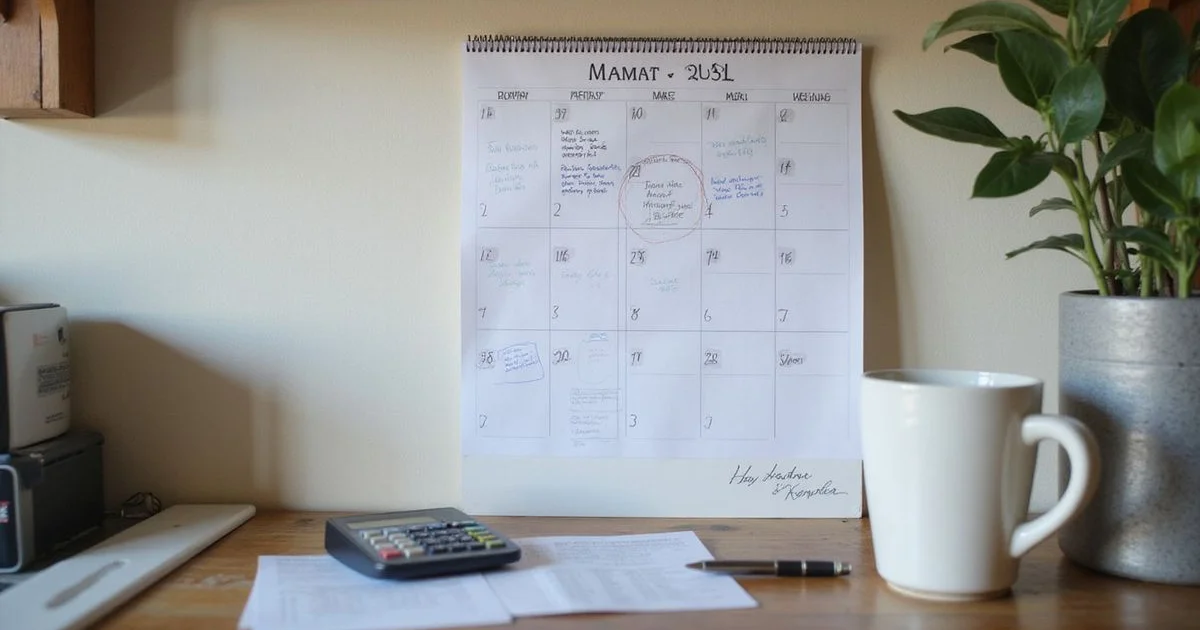 A wall calendar with a month circled beside lease paperwork on a table
