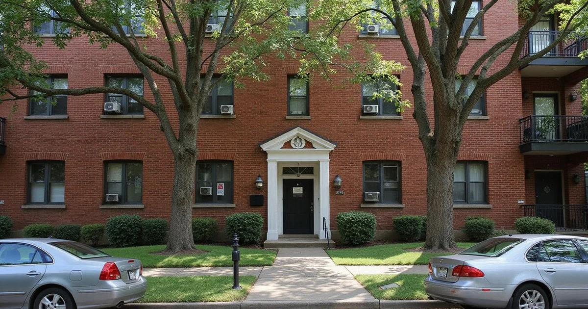 An older Dallas mid-rise apartment exterior with architectural brick in daylight