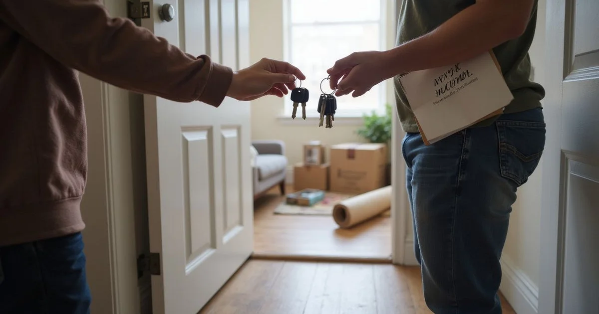 Apartment keys handed over in a doorway, photographed in daylight