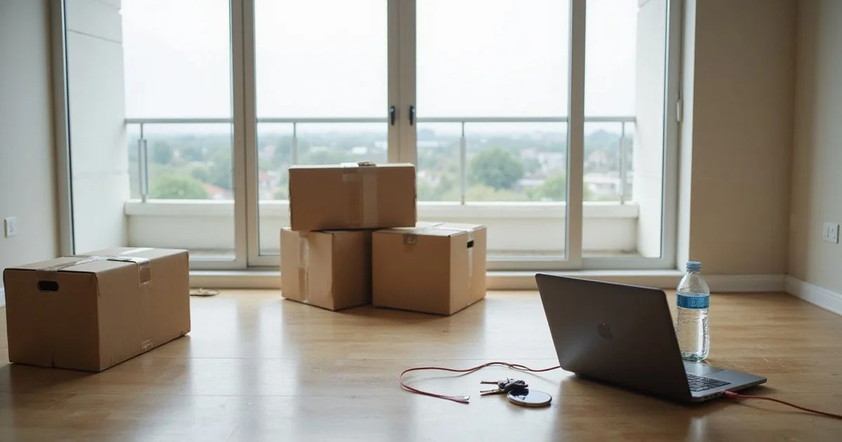 Moving boxes and a laptop in an empty Dallas apartment in daylight