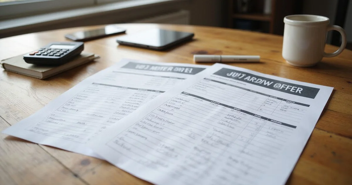 Two apartment offer sheets with a calculator on a table in window light