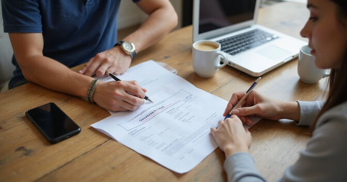 Two people reviewing a guarantor form together at a table in daylight