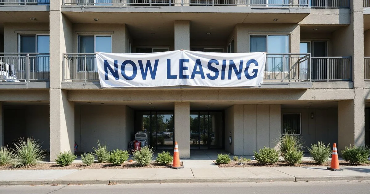 A leasing banner on a new Dallas mid-rise building in bright summer daylight
