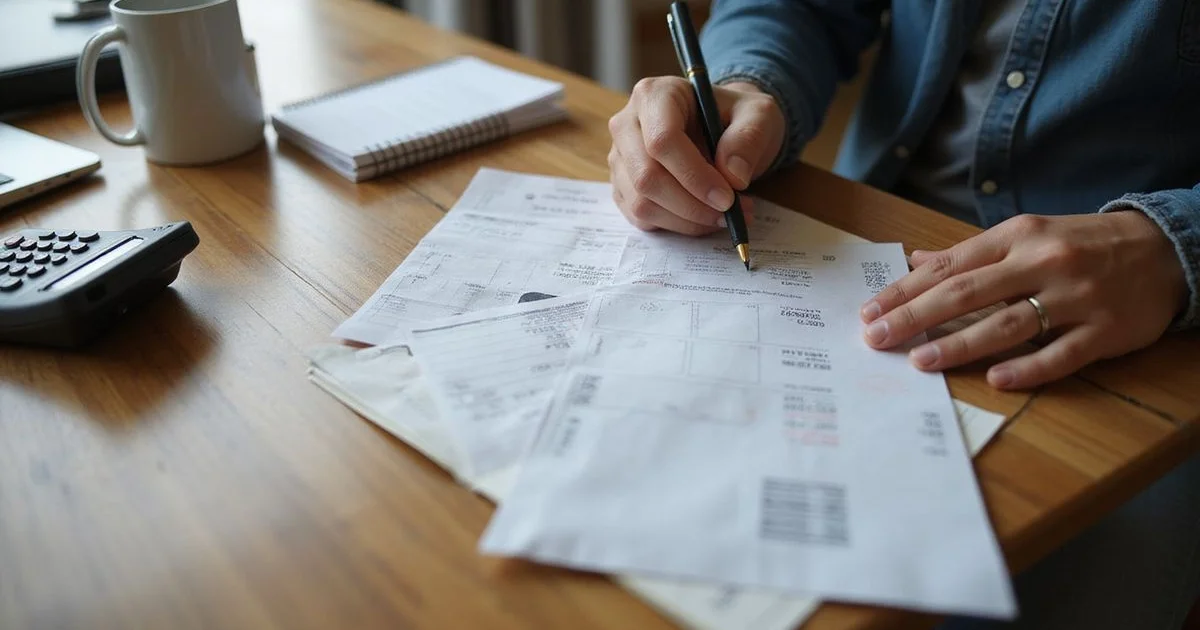 A person reviewing pay stubs and a budget notebook at a Dallas desk in natural daylight