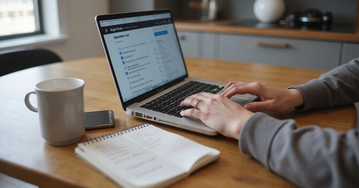 A renter reviewing an apartment list on a laptop at a Dallas kitchen table in natural daylight