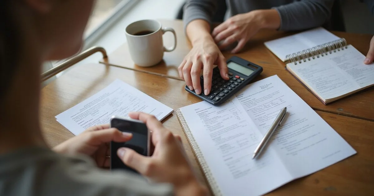 A renter with a calculator and lease paperwork at a Dallas table in natural daylight