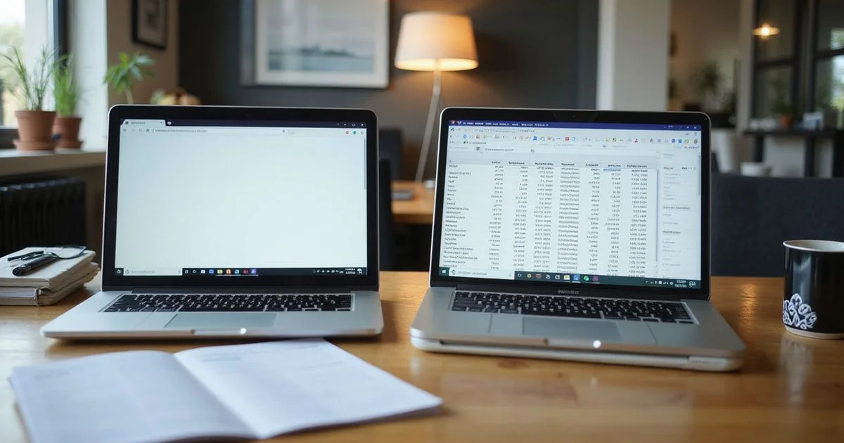 Two laptop screens on a Dallas desk, one showing a listing site and one a data-rich property list