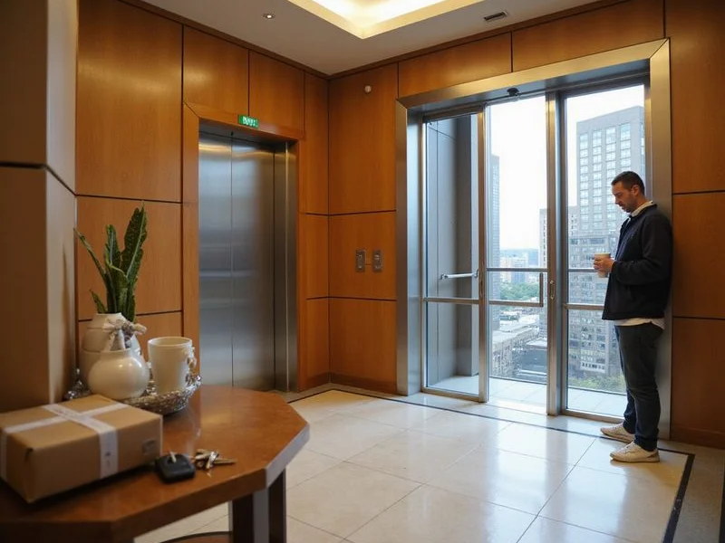 A high-rise lobby and elevator bank in natural daylight