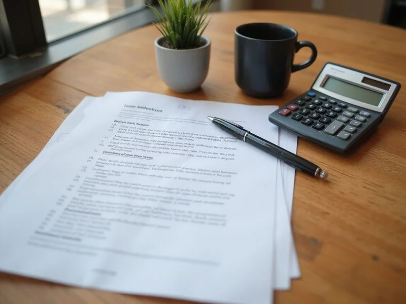 Lease paperwork, a calculator, and a coffee mug on a Dallas desk in daylight