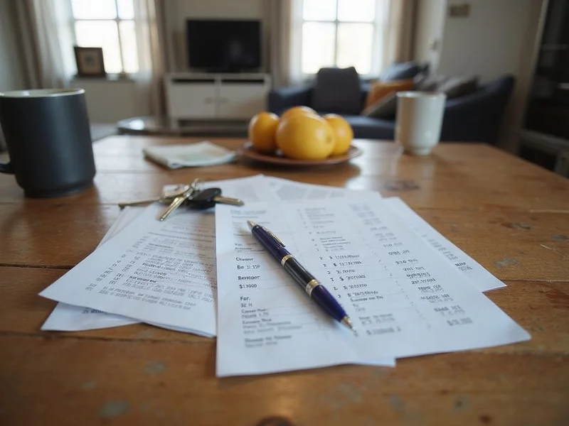 Pay stubs and bank statements laid out on a kitchen table