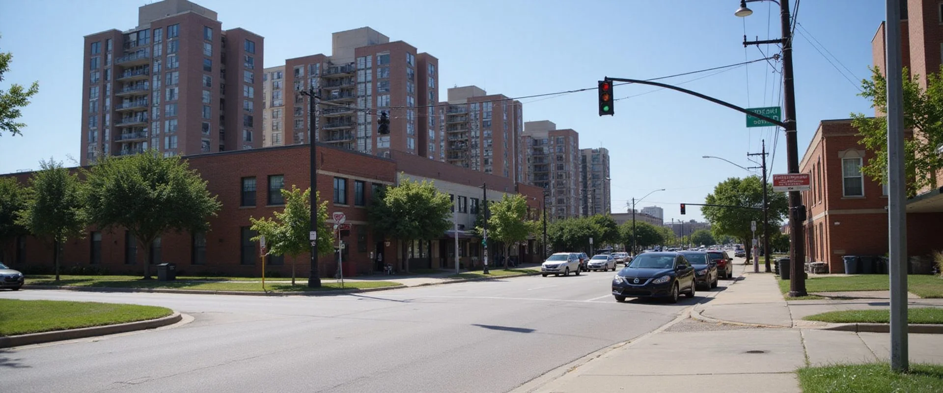 Dallas neighborhood street view with apartment buildings in daylight