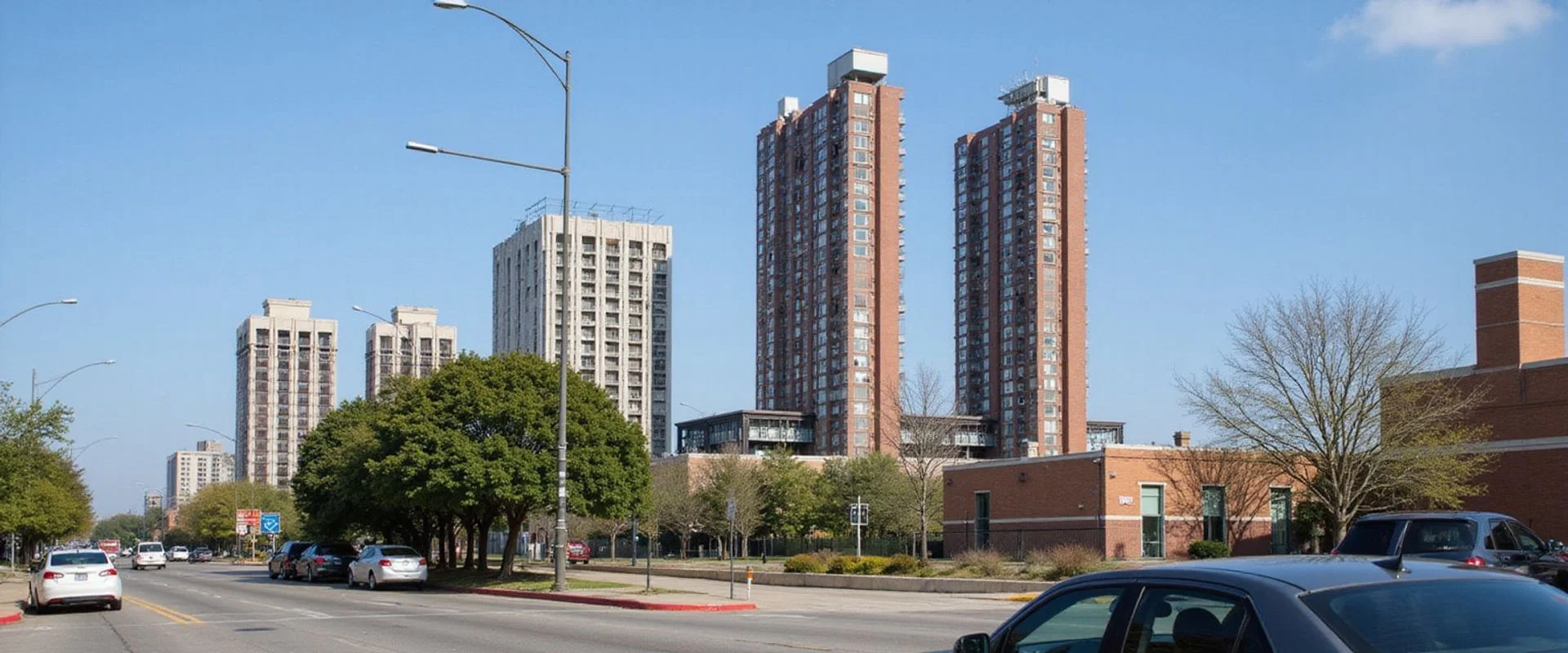 Street-level view of Dallas apartment towers in natural daylight