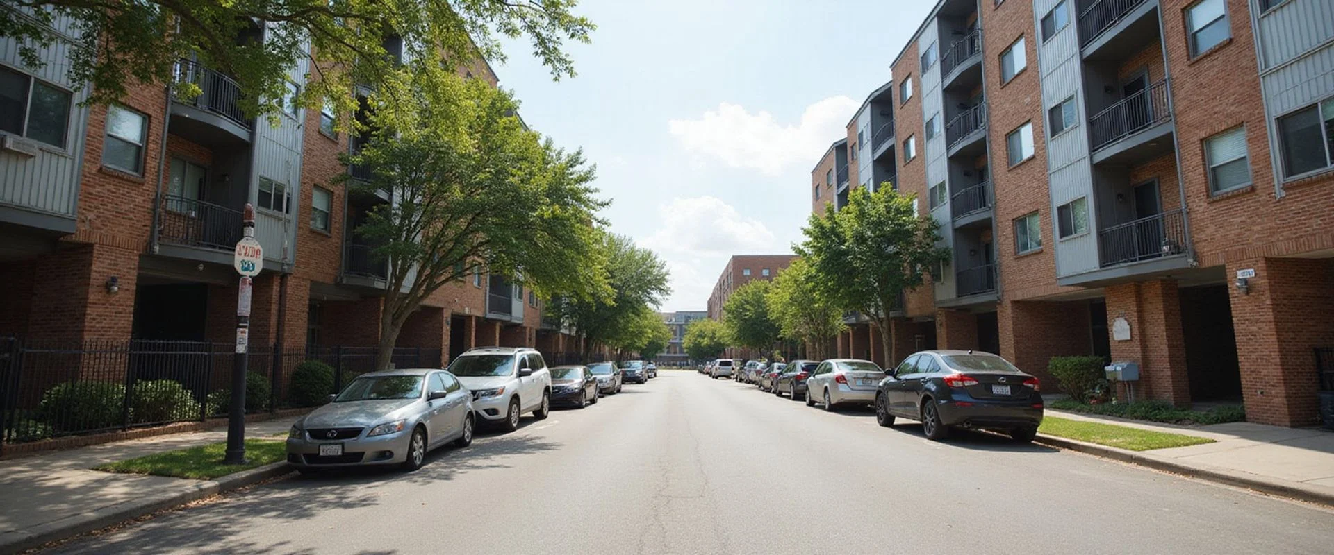 Street-level daylight view of a Dallas neighborhood with apartment buildings and architectural brick facades