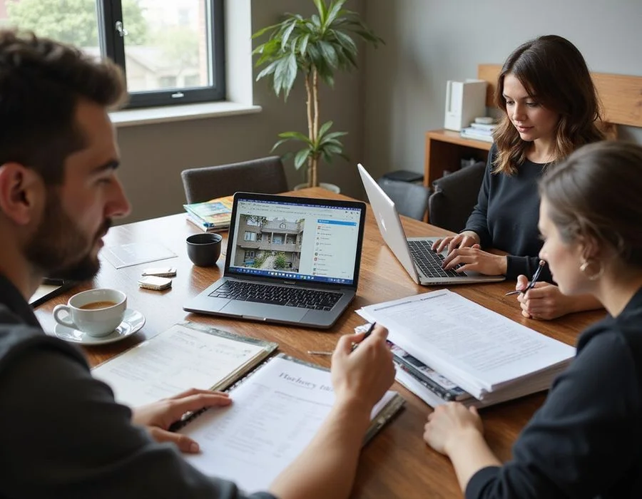 A small Dallas real estate team reviewing apartment data on laptops at a shared desk in natural daylight
