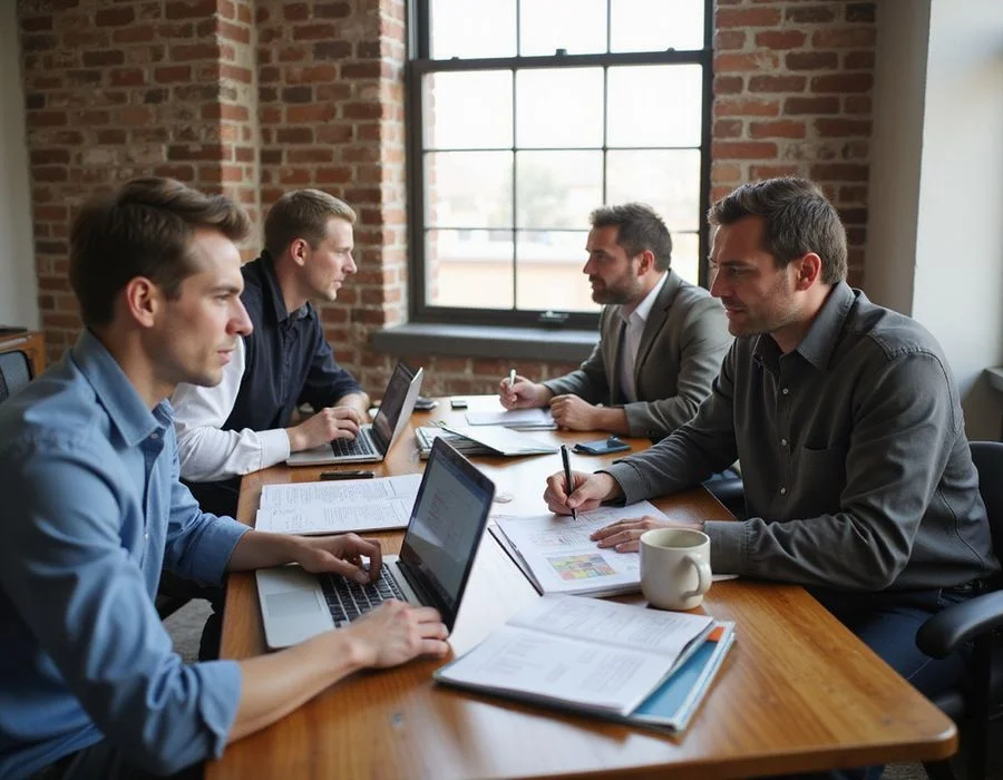 Dallas apartment locating team reviewing property data at a shared desk