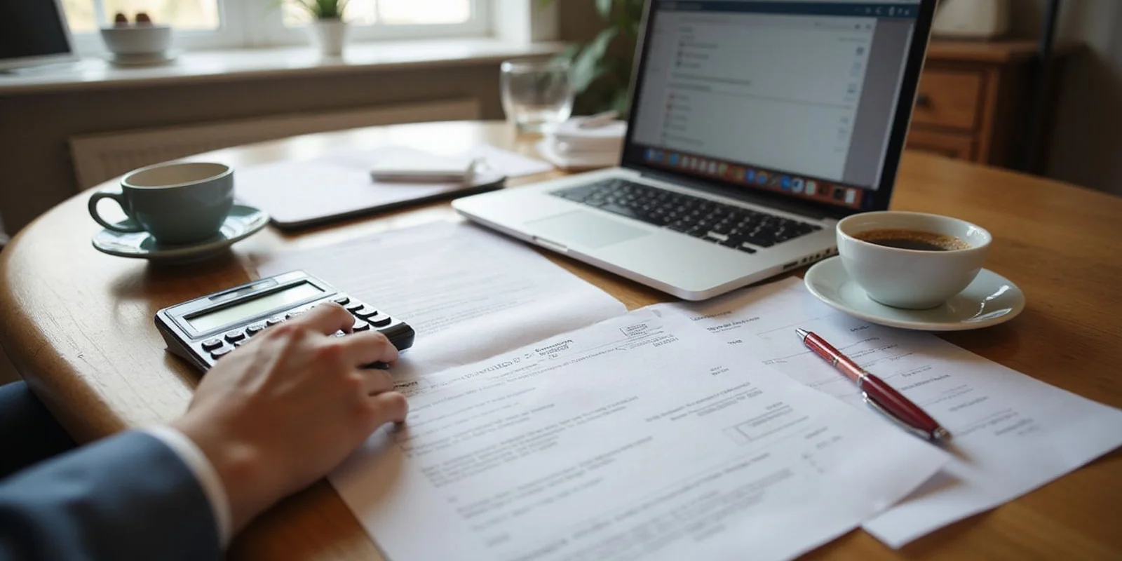 Lease paperwork and a calculator on a Dallas table in daylight