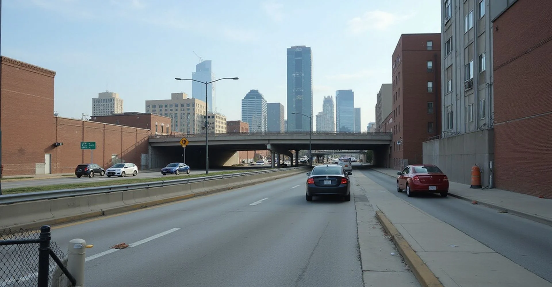 A Dallas freeway corridor and skyline photographed from street level in daylight