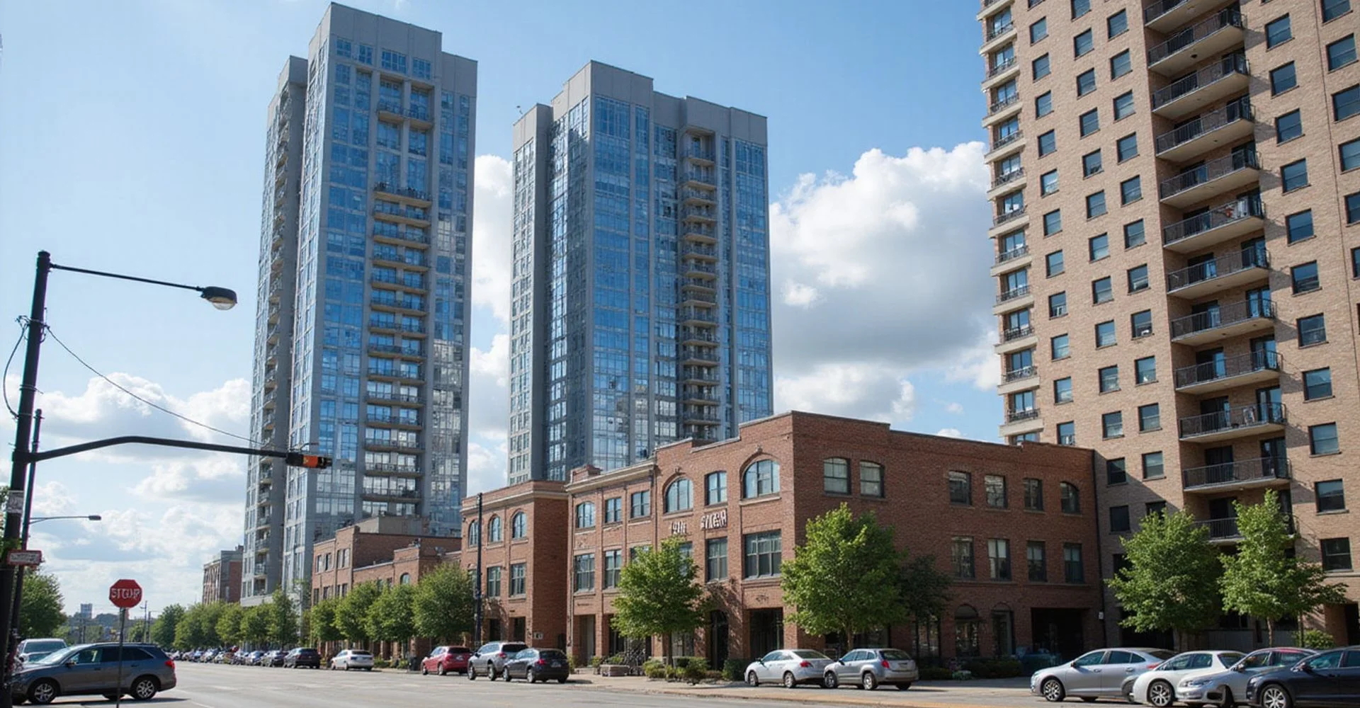 Dallas apartment towers photographed from street level in natural daylight