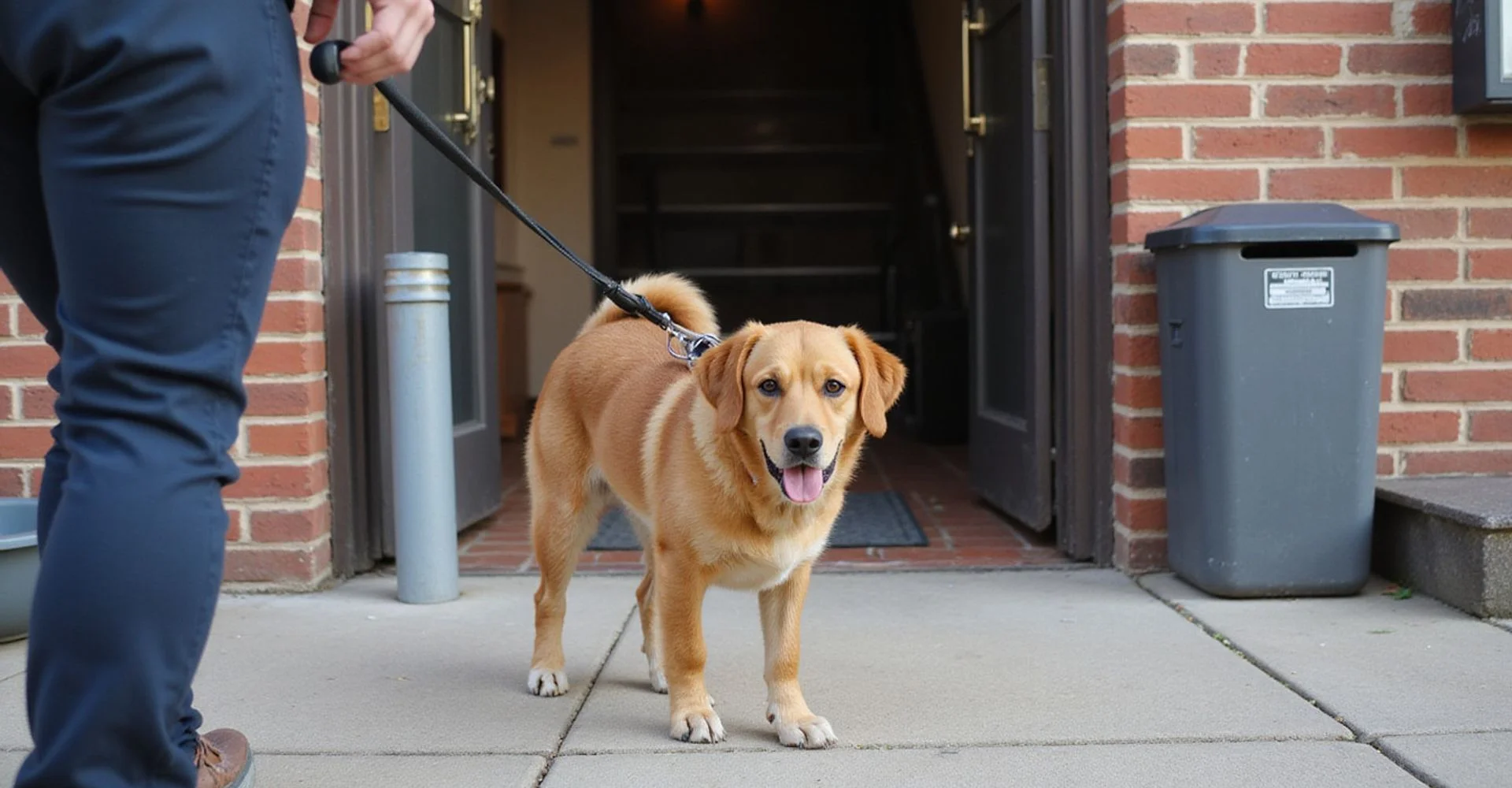 A dog on a leash outside a Dallas apartment building entrance in daylight