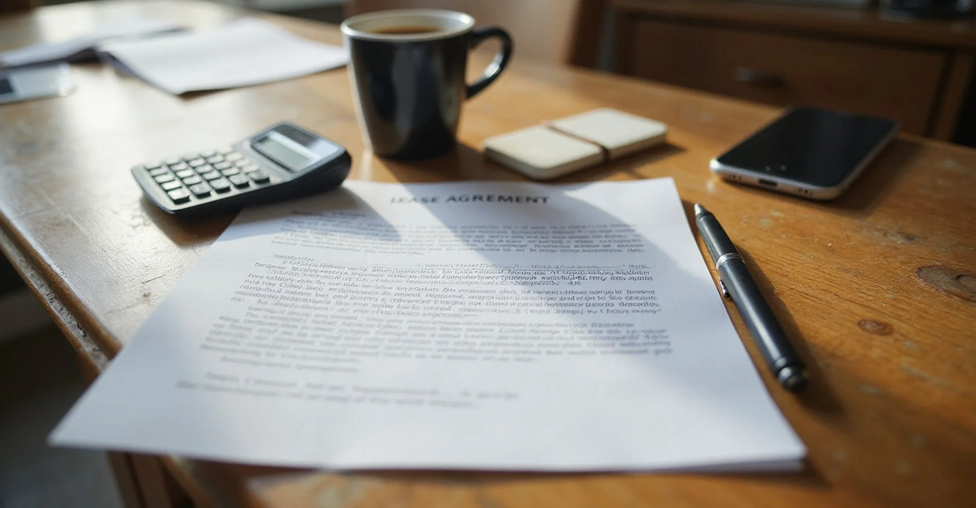 Lease paperwork and a calculator on a Dallas kitchen table in natural daylight