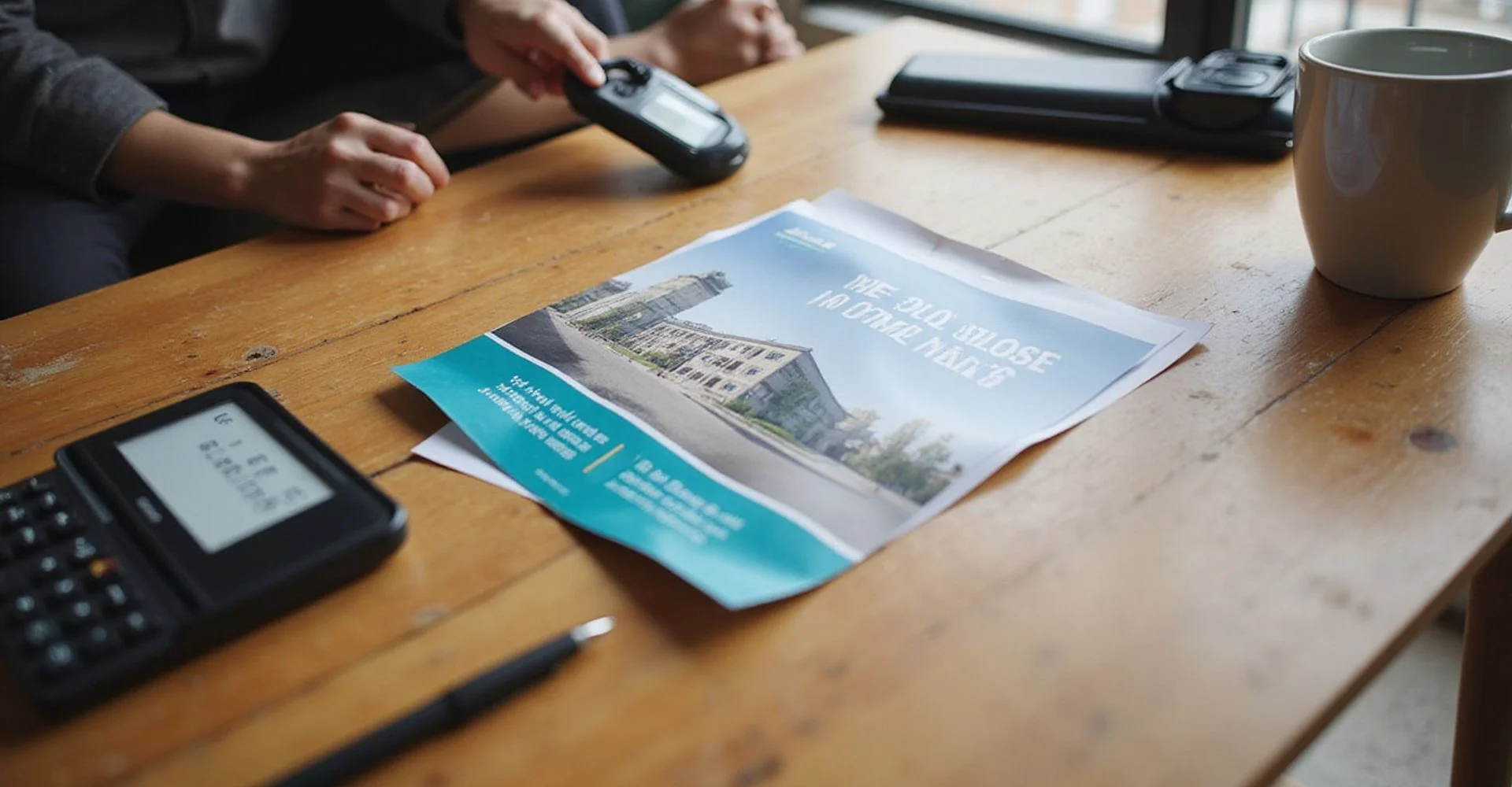 A leasing flyer advertising weeks free beside a calculator on a table in daylight