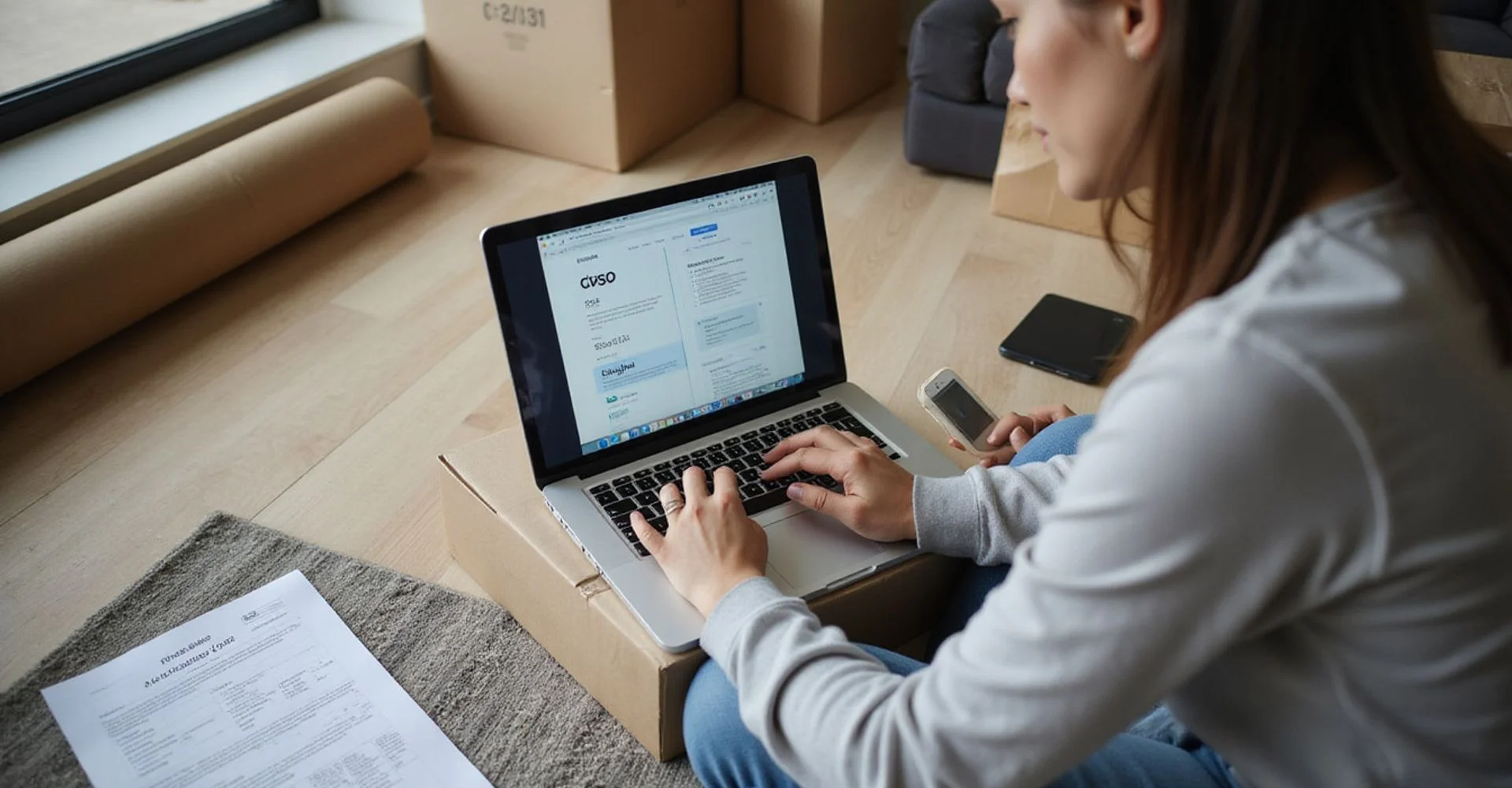 A person comparing electricity plans on a laptop in a partly unpacked apartment