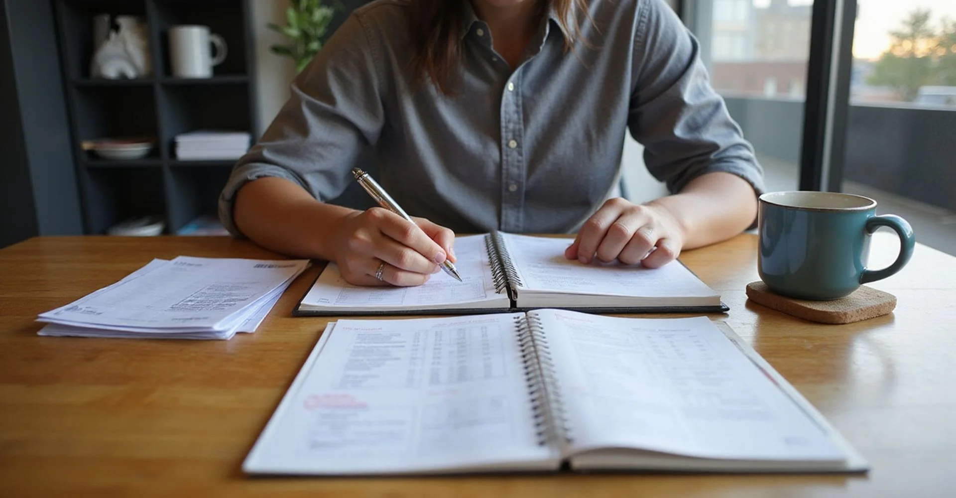 A person organizing rental application documents at a desk in natural daylight