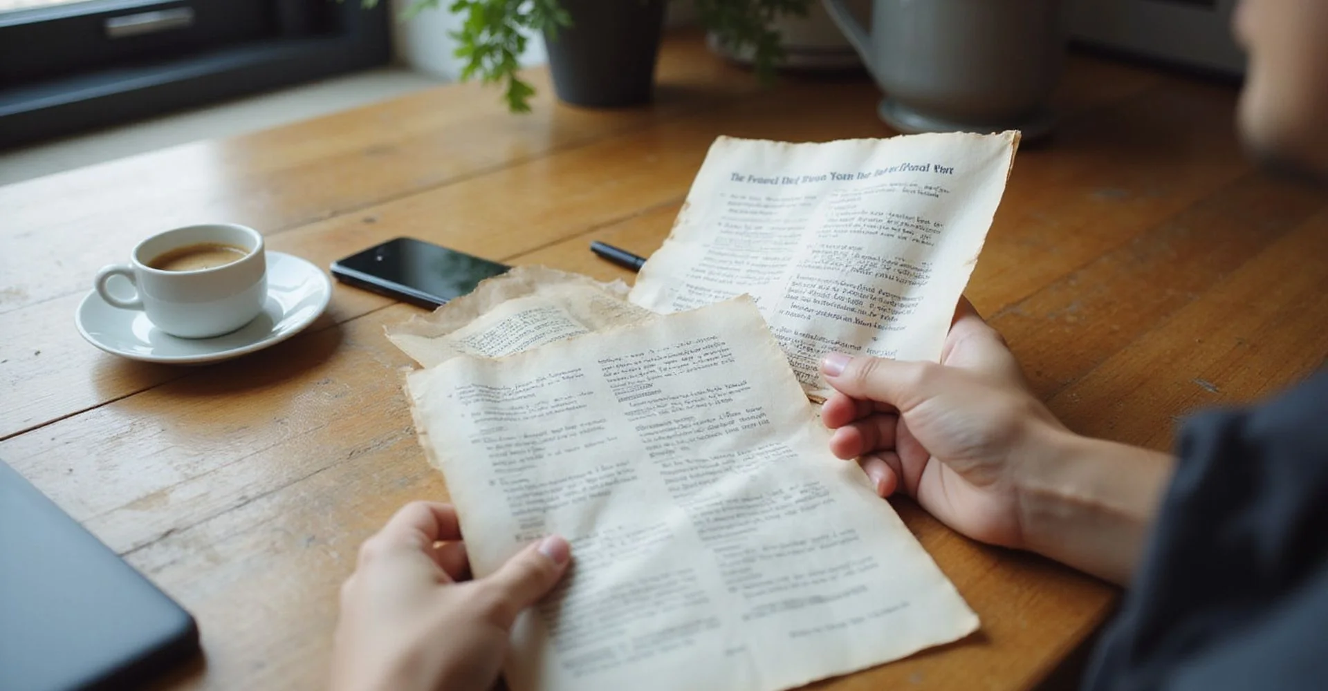A person reviewing a prior lease document at a desk in natural daylight