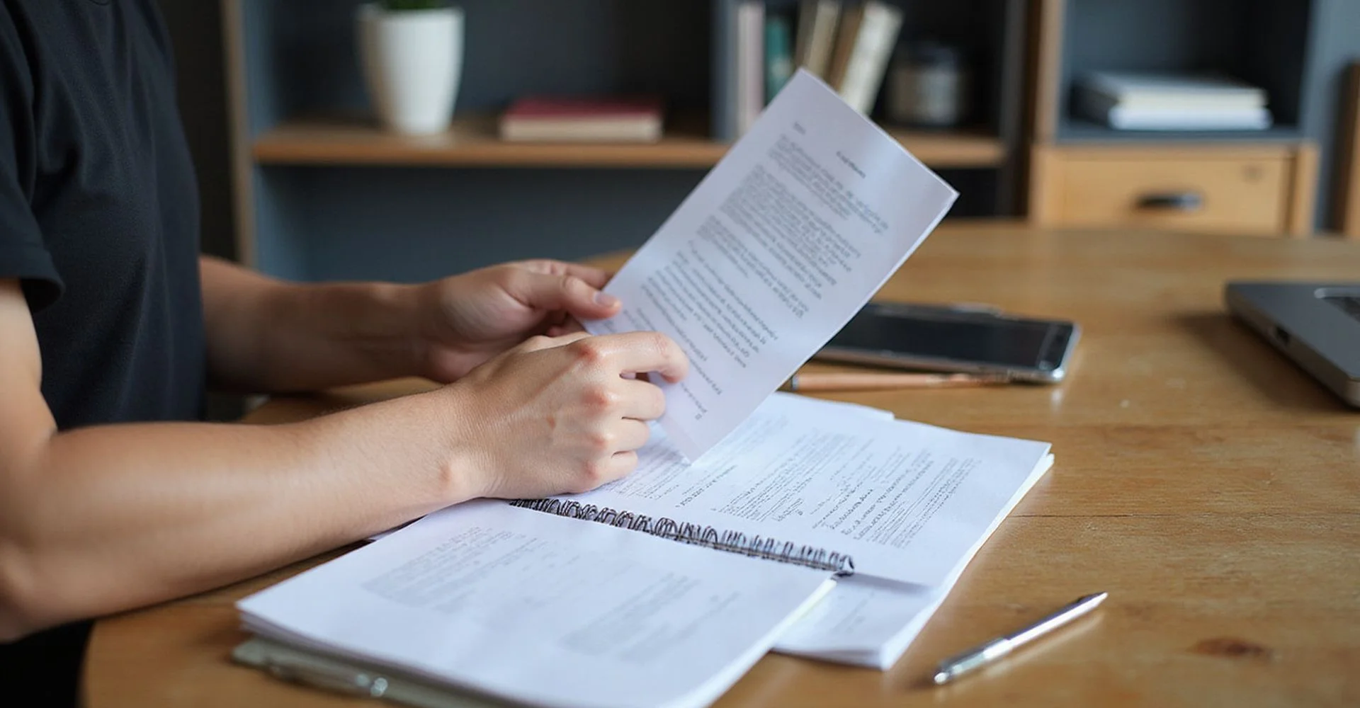 A person reviewing court paperwork at a desk in natural daylight
