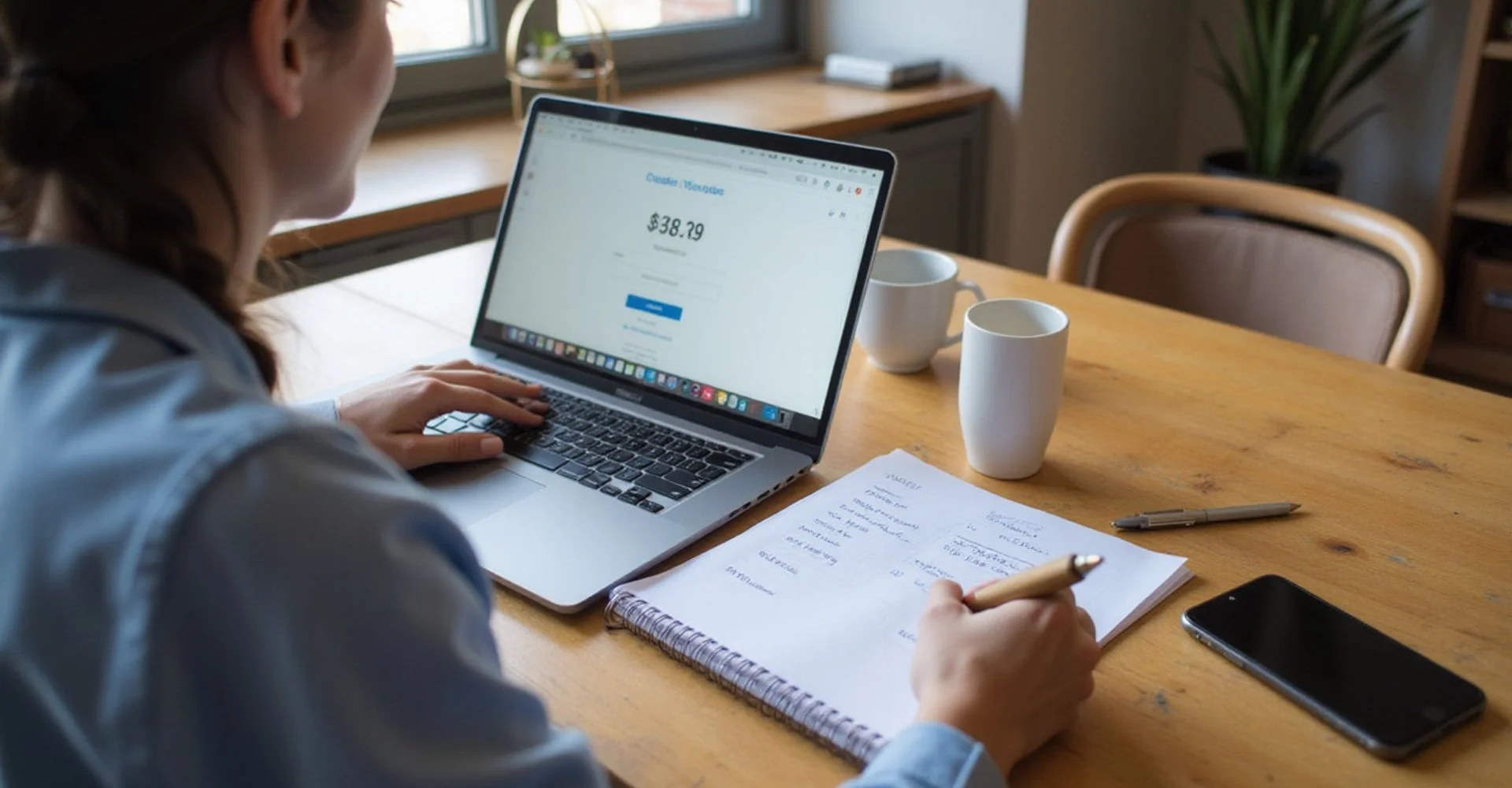 A person reviewing a credit score on a laptop at a desk in natural daylight